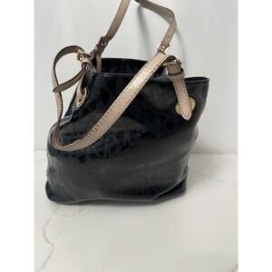 Michael Kors Black Patent Tote Shoulder Bag Logos, Tan Straps Casual Preppy